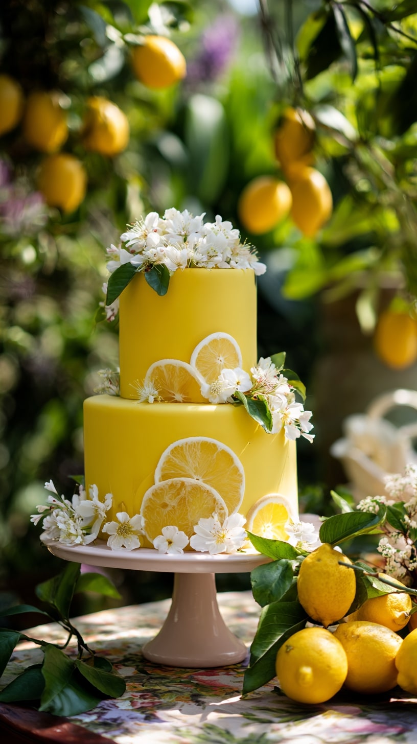 Lemon-themed wedding cake with fresh lemon slices