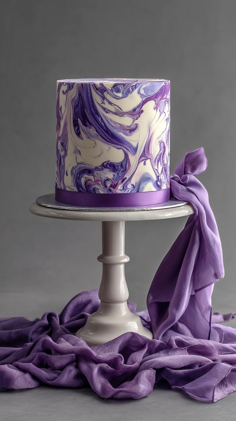 Marble effect cake blending white, lavender, and violet hues