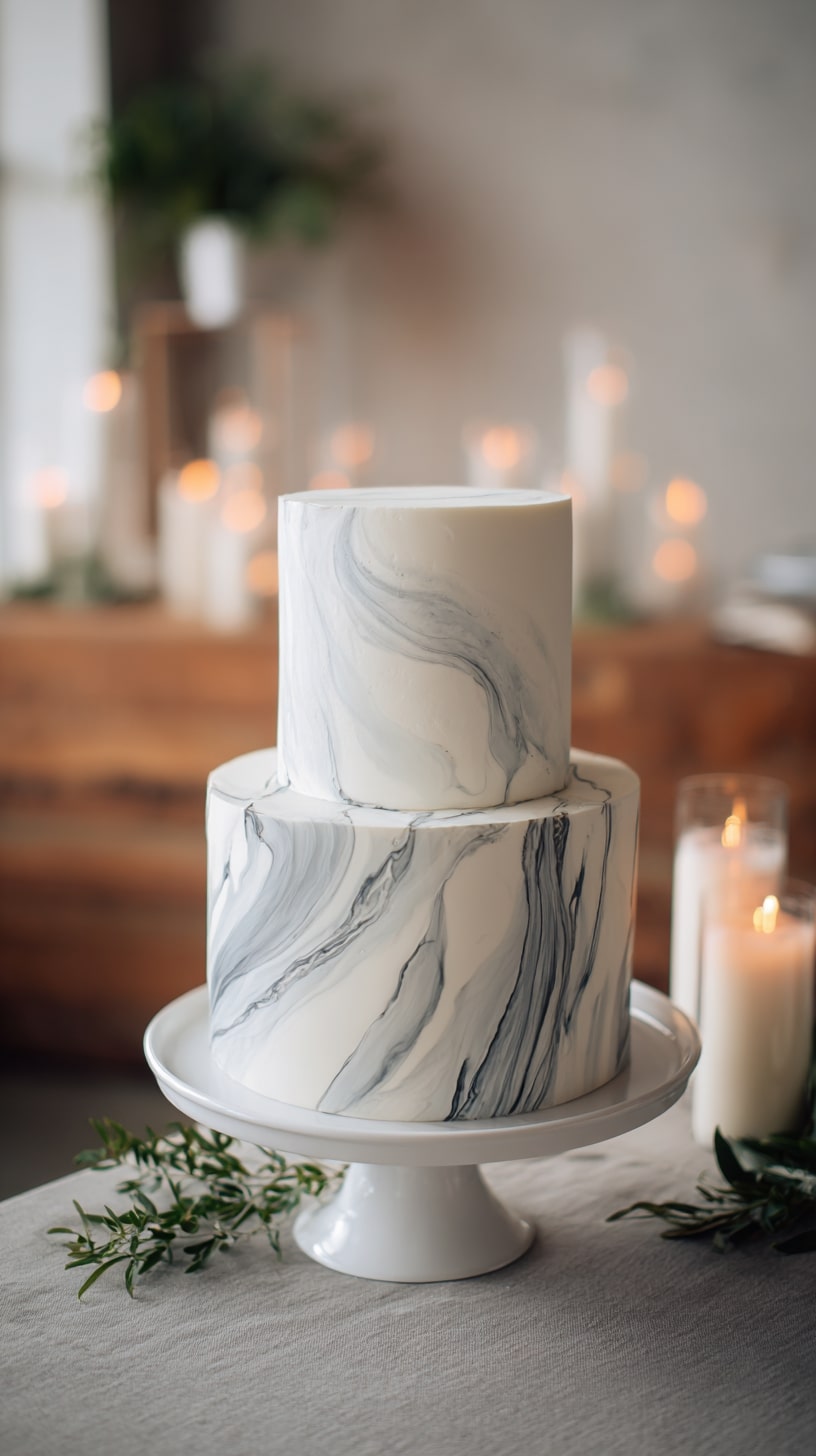 Marbled wedding cake with subtle swirling patterns