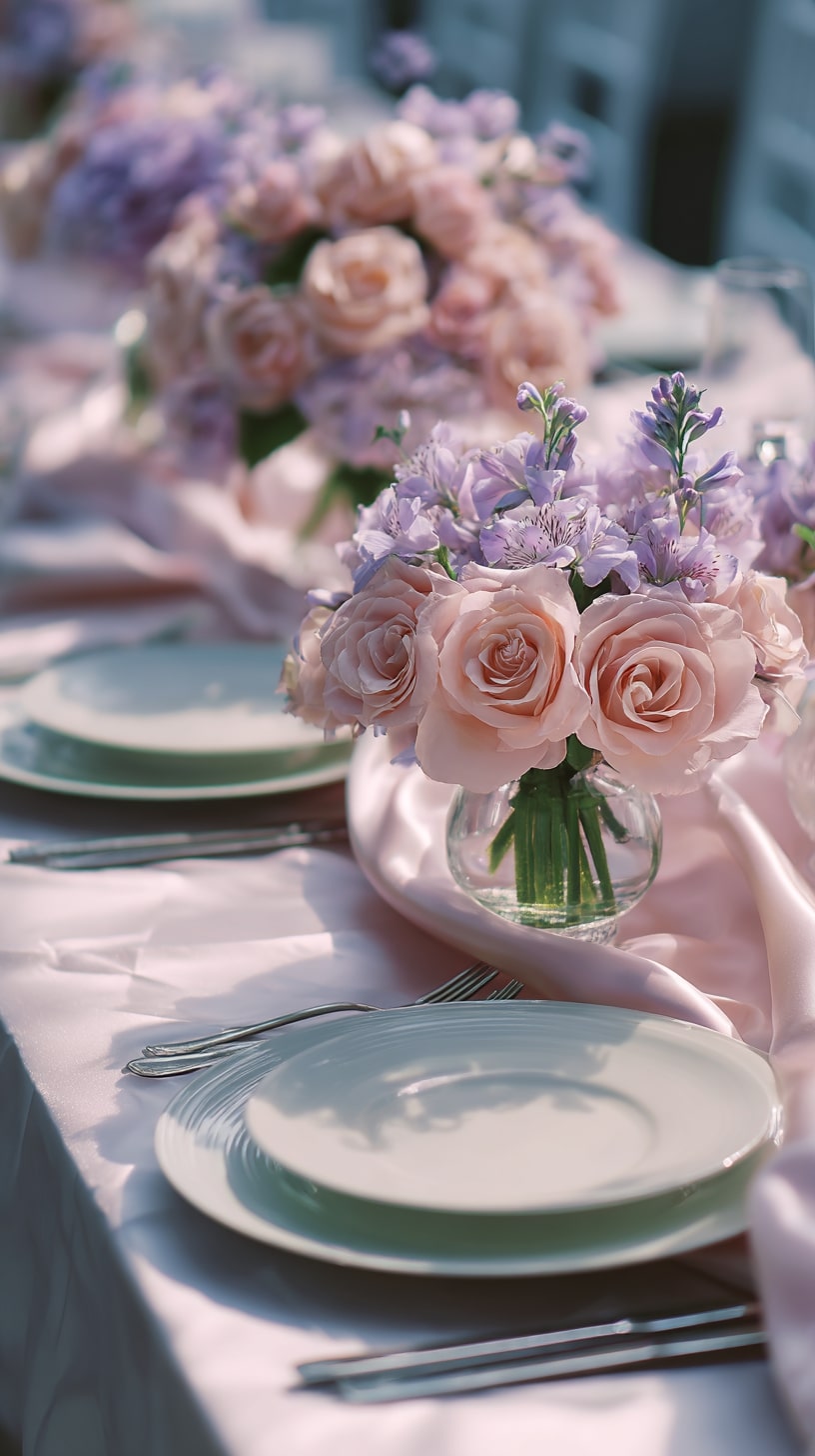 Mauve silk table runners with subtle shimmer
