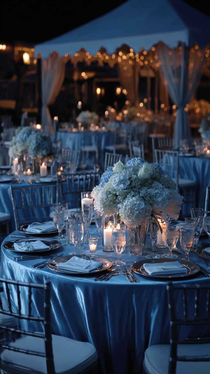 Midnight Blue and Silver Table Linens