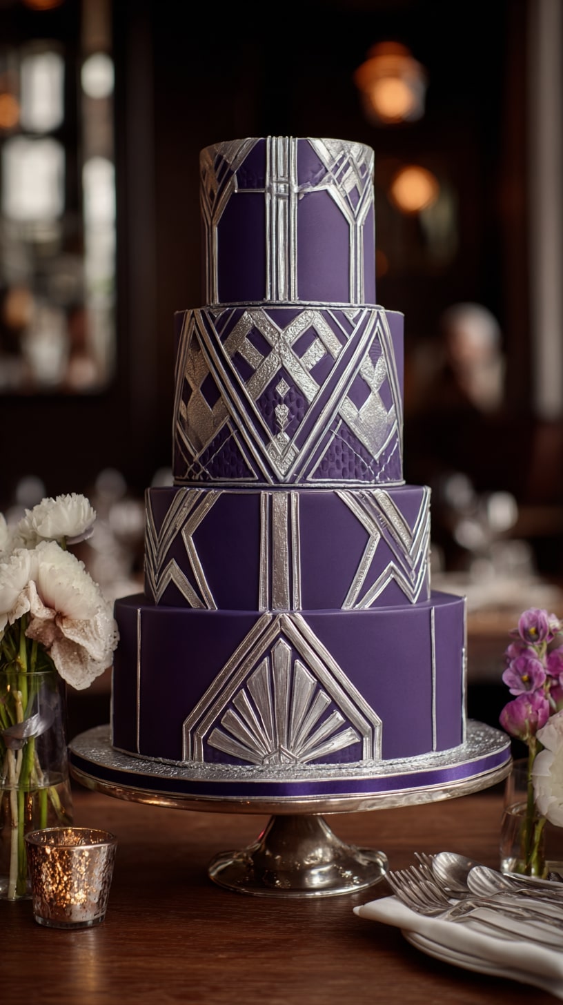 Modern cake with geometric purple and silver detailing