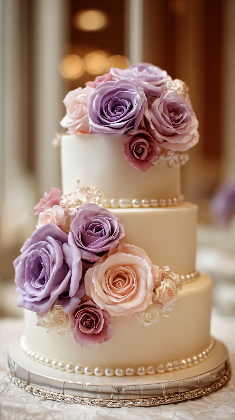 Purple and pink rose combination cake with pearl detailing