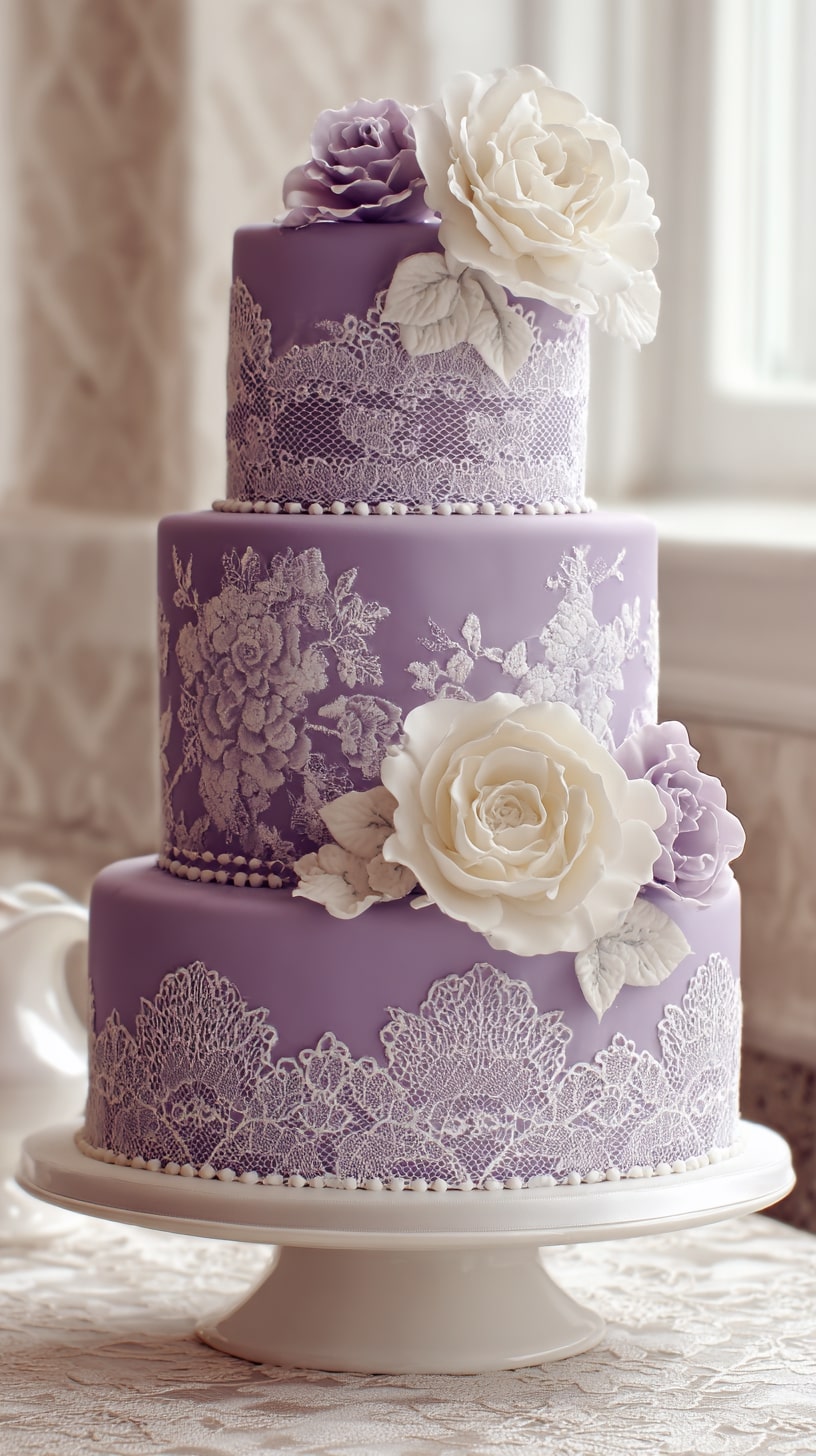 Purple cake with intricate vintage lace patterns