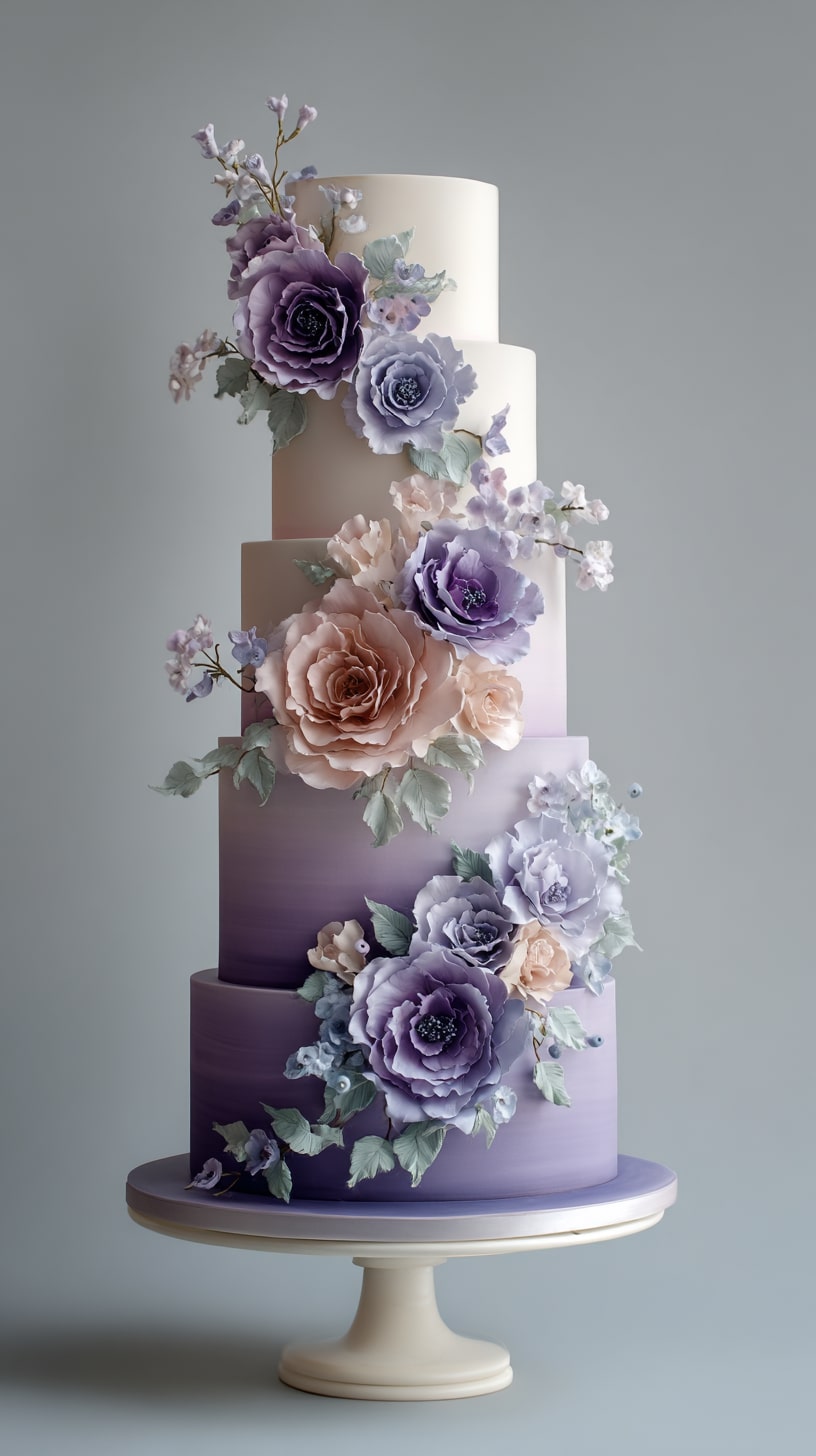 Purple ombré cake adorned with sugar flowers