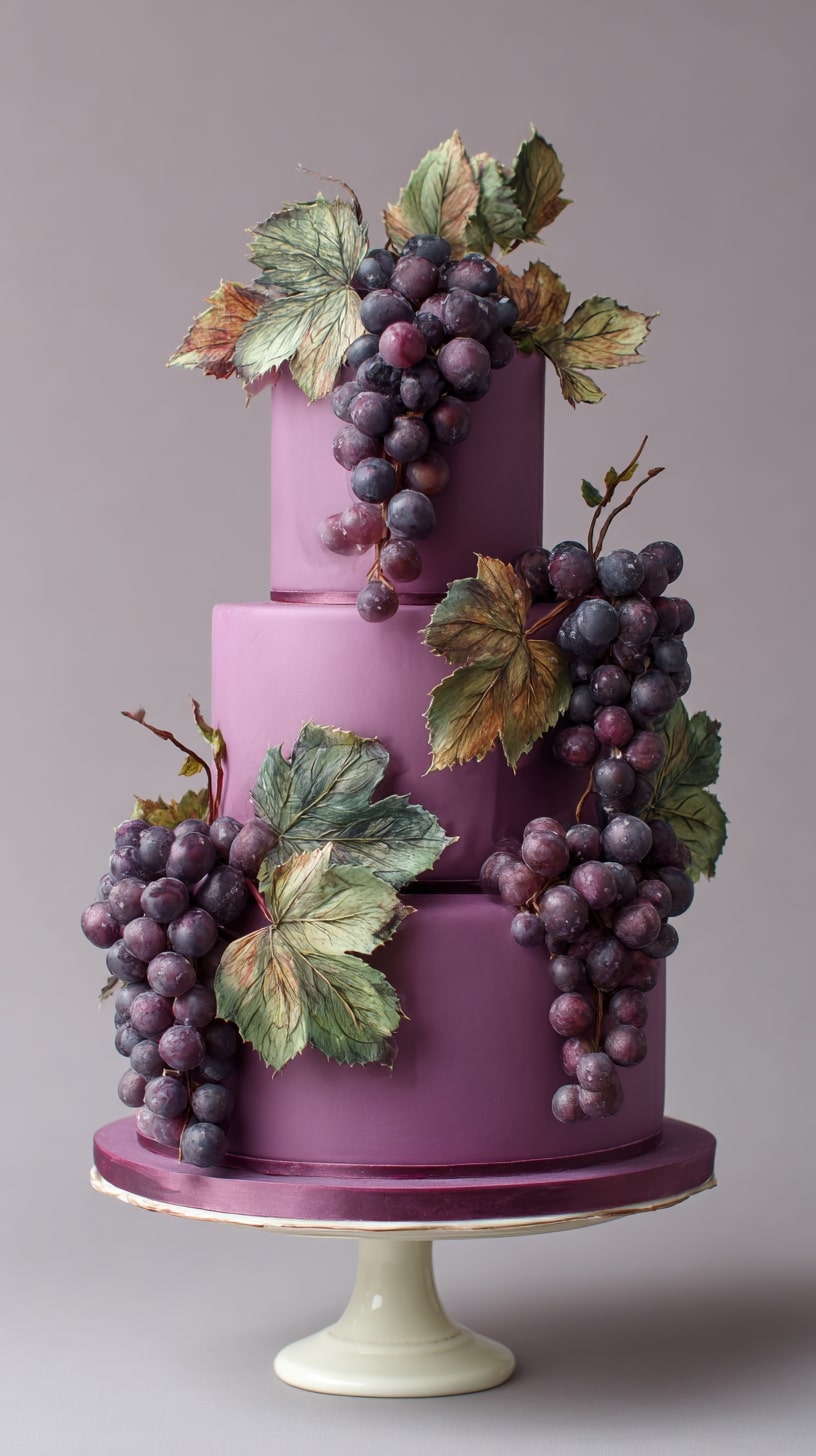 Purple wedding cake featuring bunches of grapes and berries