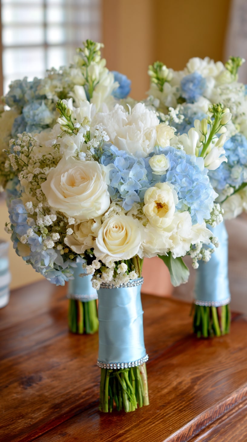 Robin’s egg blue bridesmaids’ bouquets
