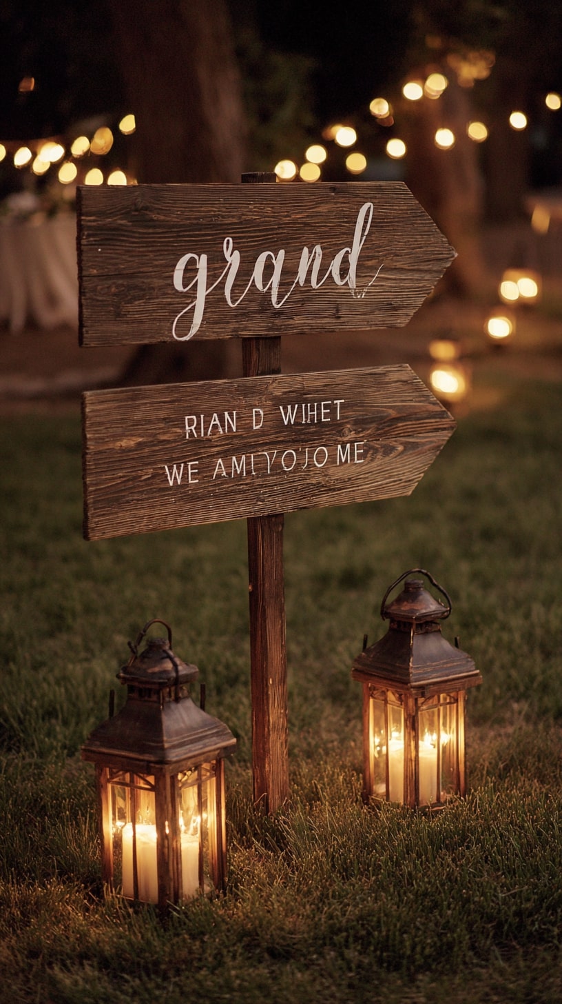 Rustic Wooden Signs Illuminated by Lanterns
