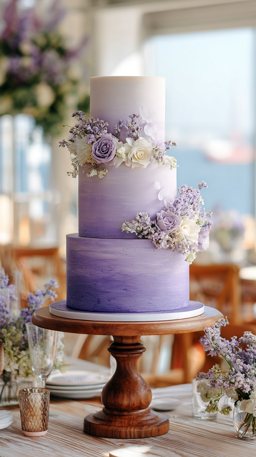 Rustic purple cake decorated with wildflowers and greenery