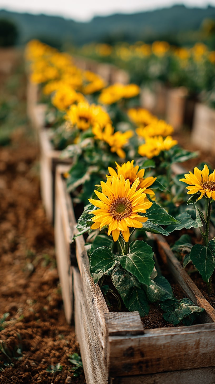 Rustic wooden planter boxes filled with sunflowers