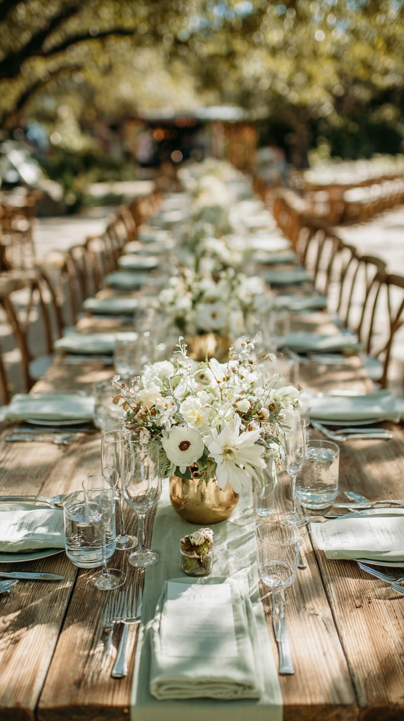 Rustic wooden tables adorned with sage green linen overlays