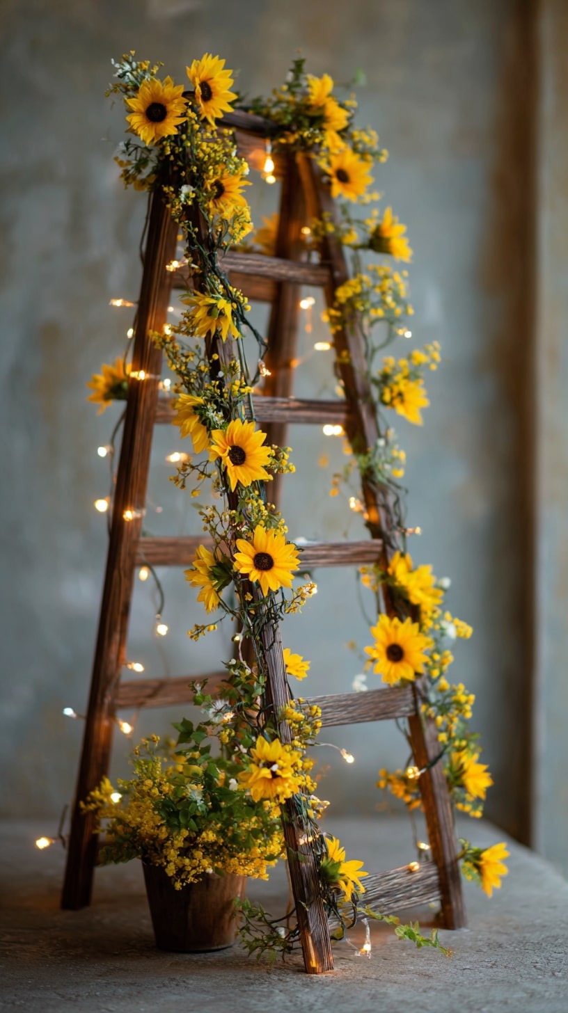 Shabby chic ladder decorated with sunflowers and fairy lights