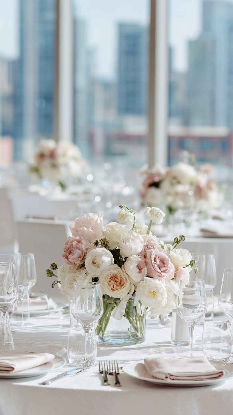 Single-flower bud vases on guest tables
