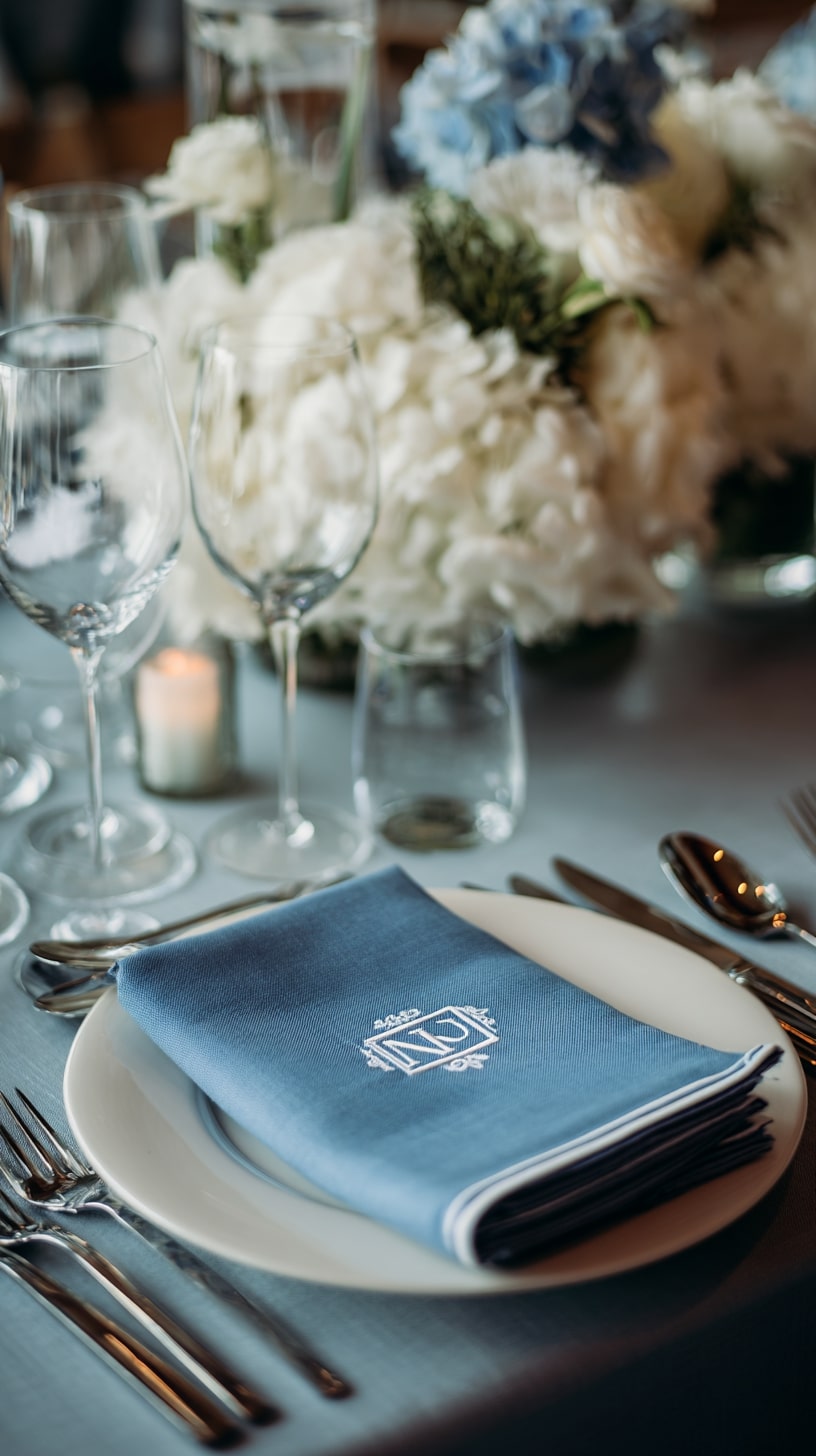 Slate blue napkins with elegant monograms