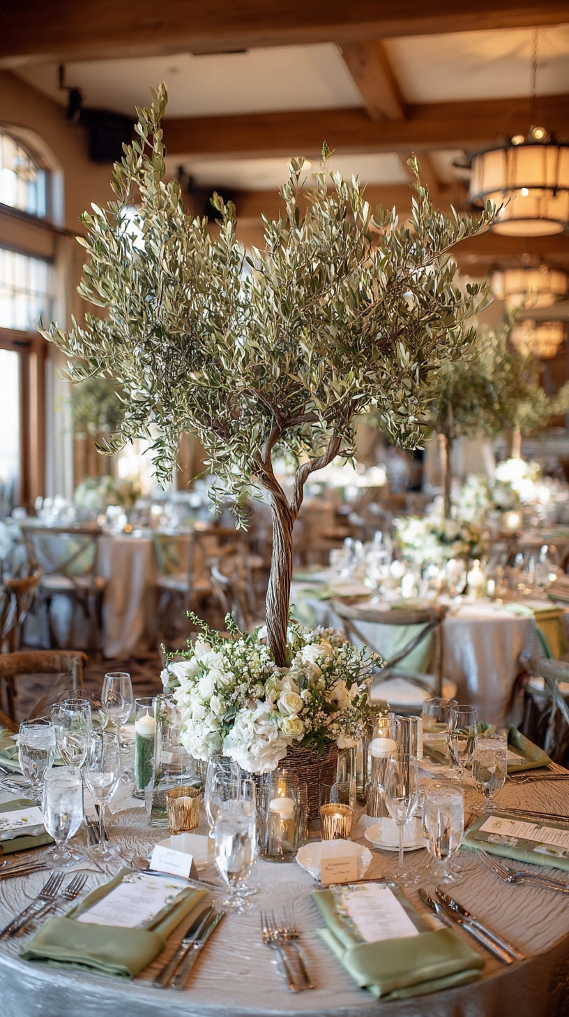 Small potted olive trees as table centerpieces