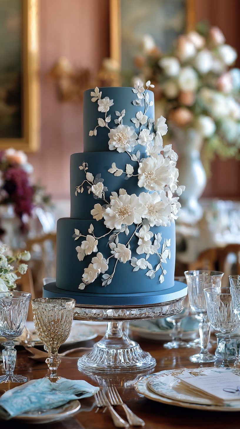 Steel blue wedding cake with white floral designs