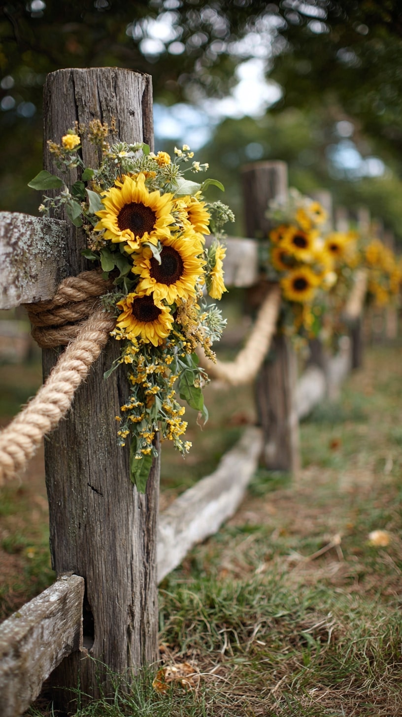Sunflower aisle markers on wooden poles