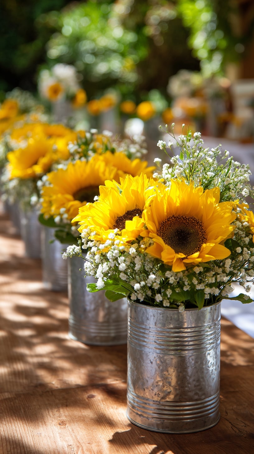 Sunflower and greenery centerpiece in galvanized metal buckets