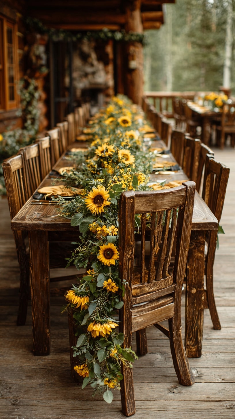 Sunflower and smilax garlands draped over tables
