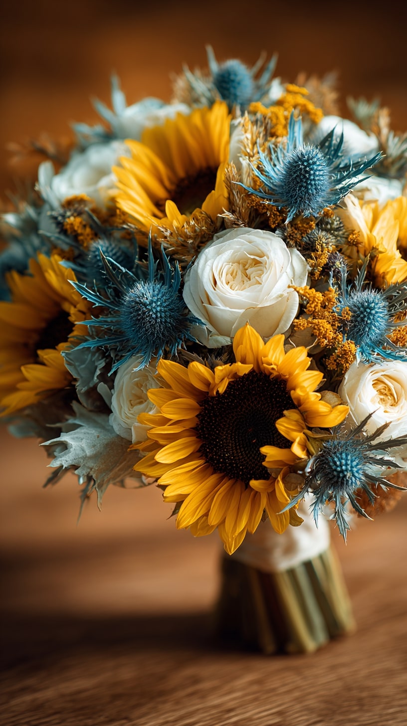 Sunflower and white rose bouquets with blue thistle accents