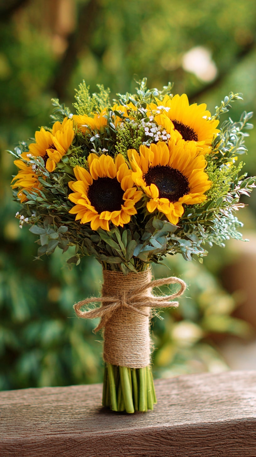 Sunflower boutonnieres paired with greenery