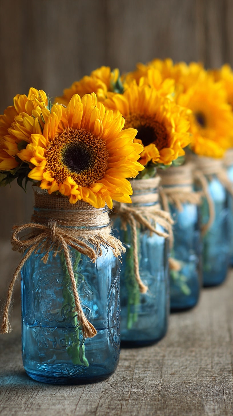 Sunflower-decorated mason jar vases with rope accents