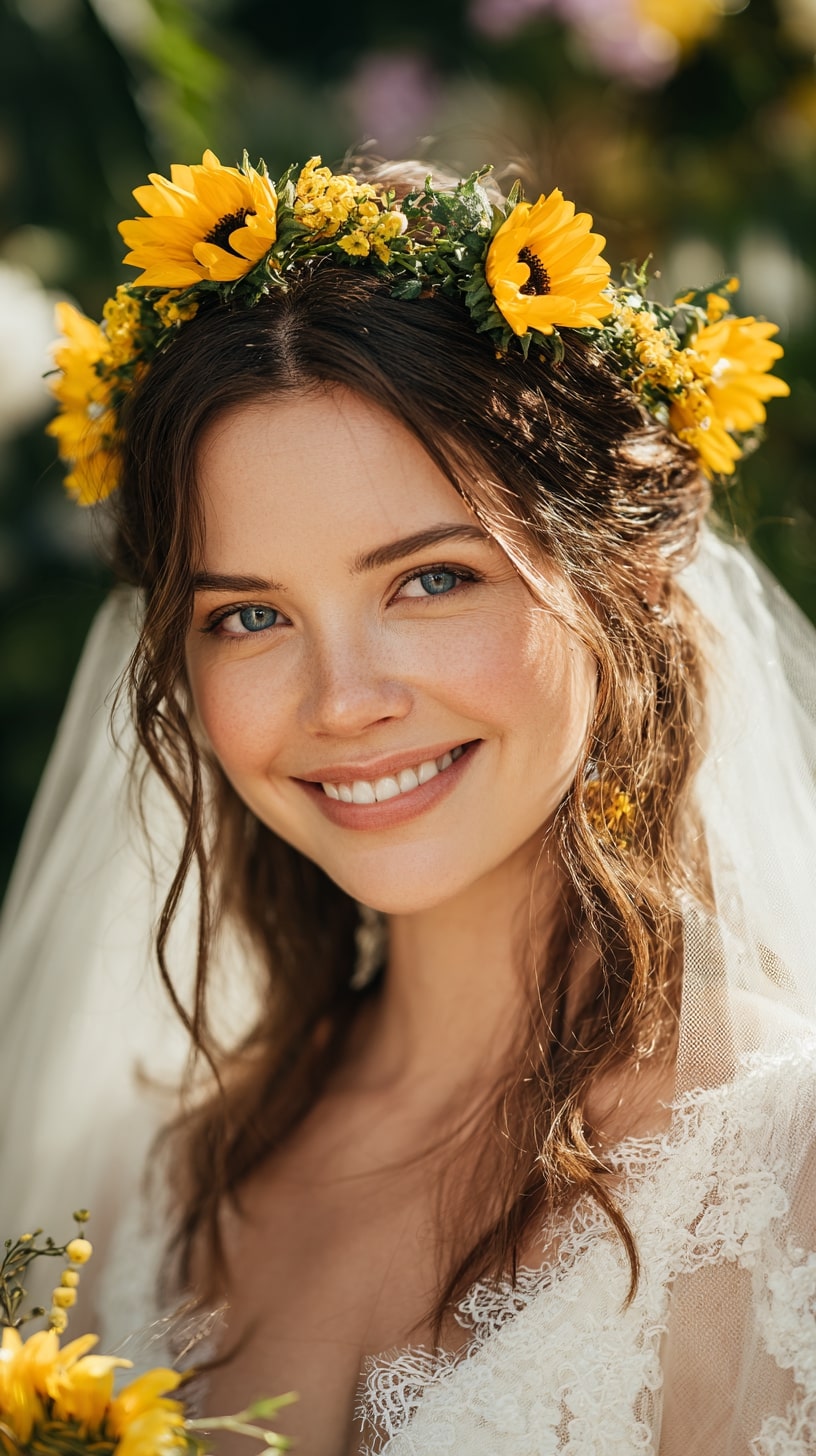 Sunflower floral crown for the bride