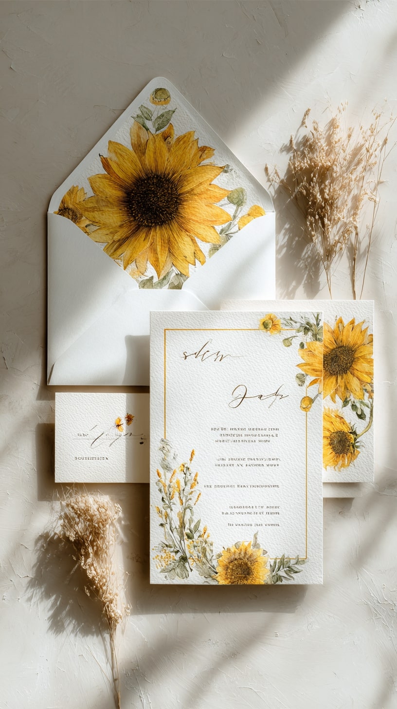 Sunflower invitations with rustic kraft paper backgrounds
