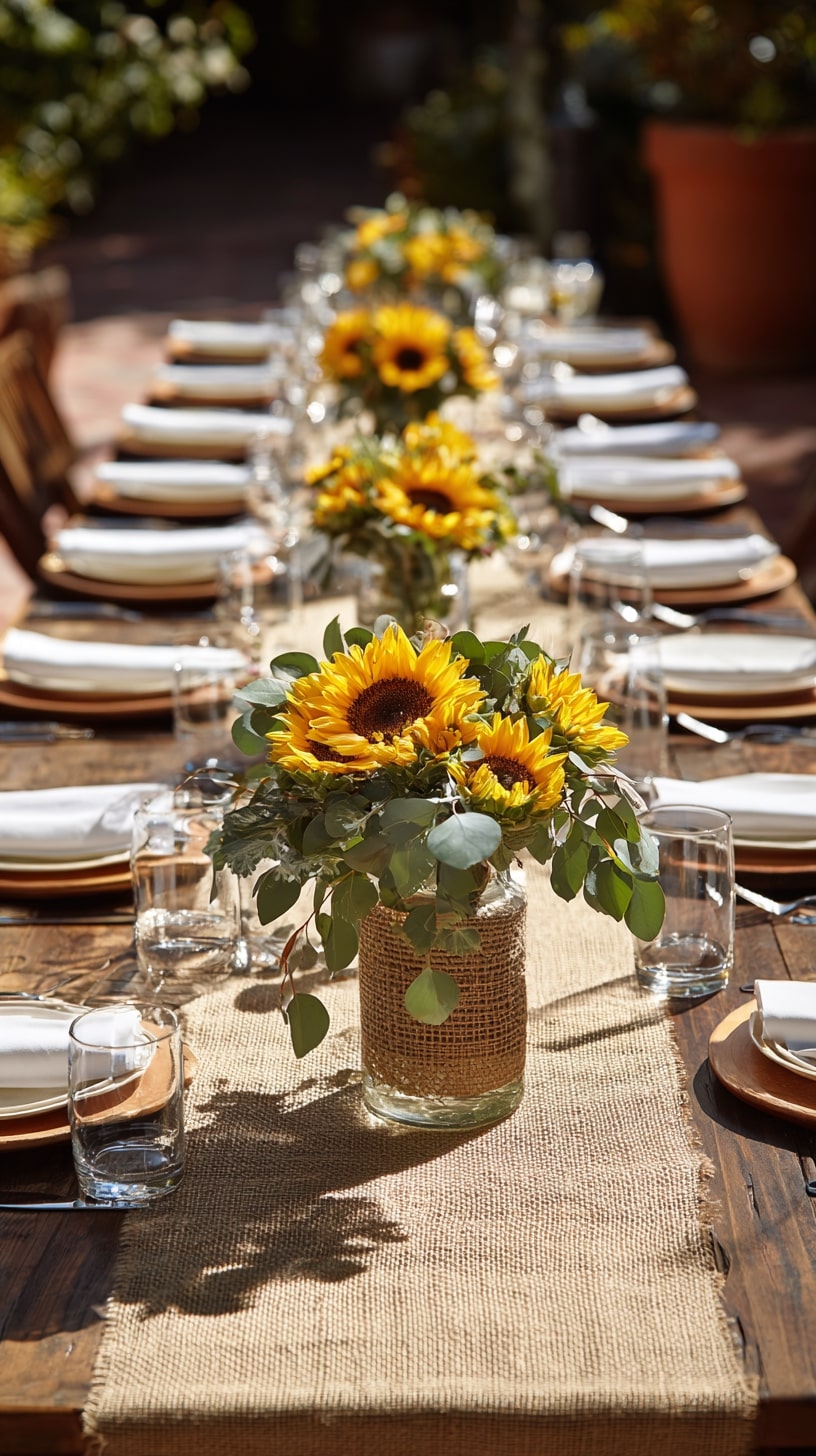 Sunflower-themed burlap table runners