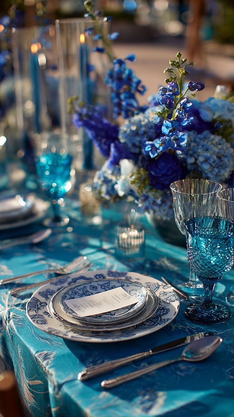 Teal table runners with silver accents