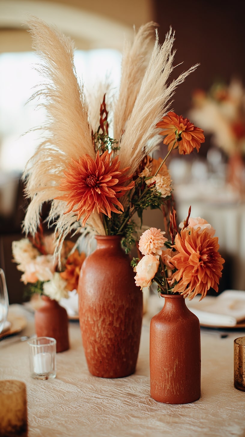 Terracotta and burnt orange floral arrangements