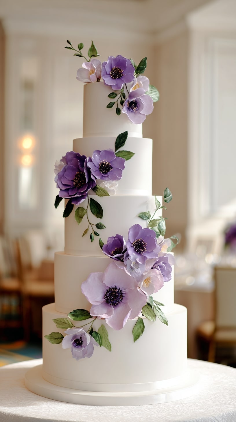 Three-tier cake with purple and white floral decorations