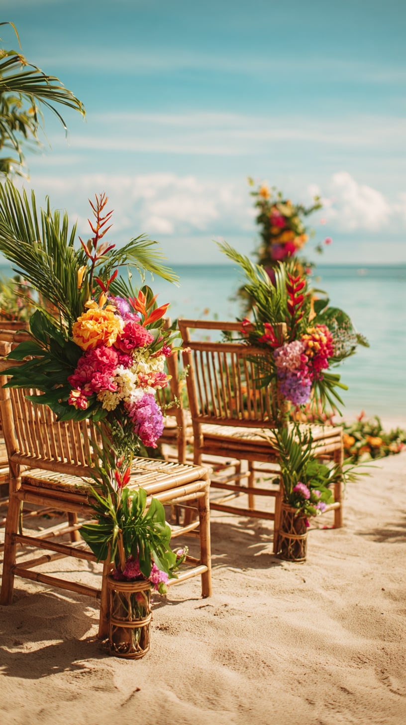 Tropical flower garlands draped over chairs