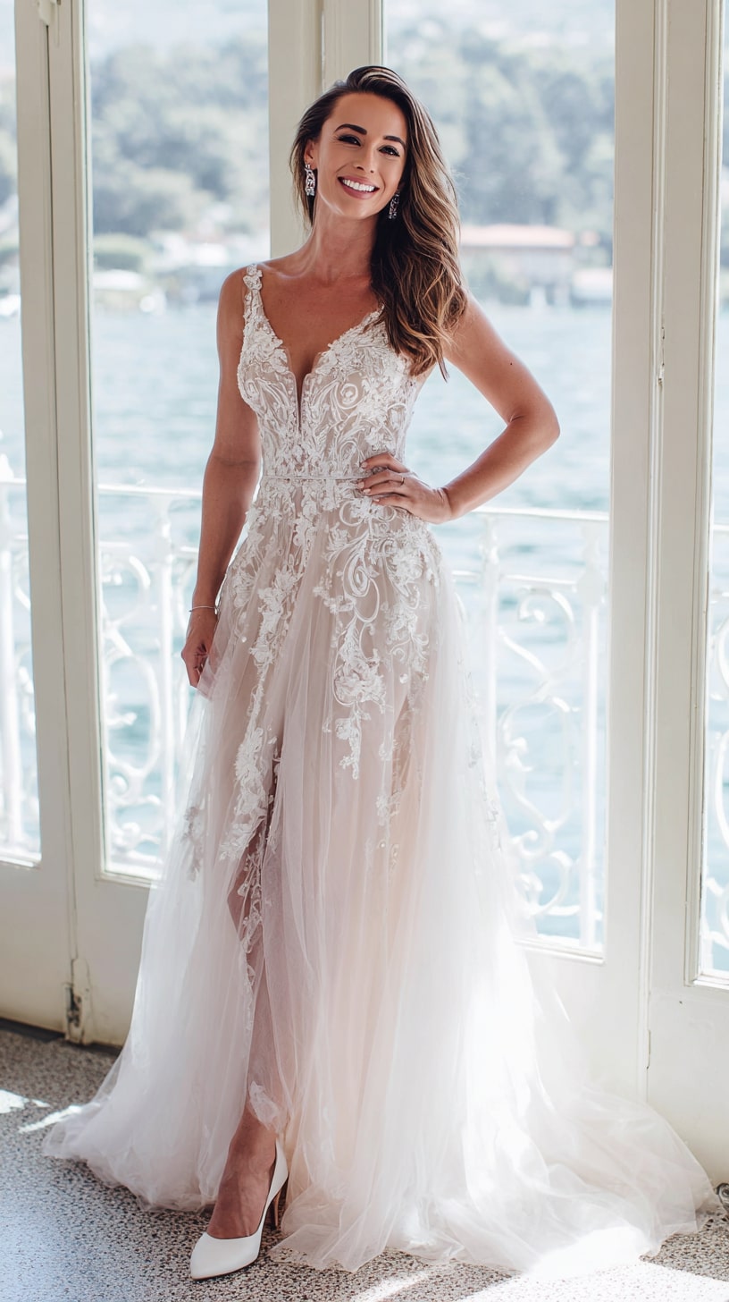Tulle A-line gown with floral appliques