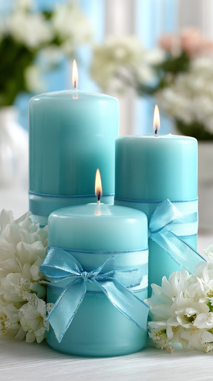 Turquoise ribbon-wrapped candles