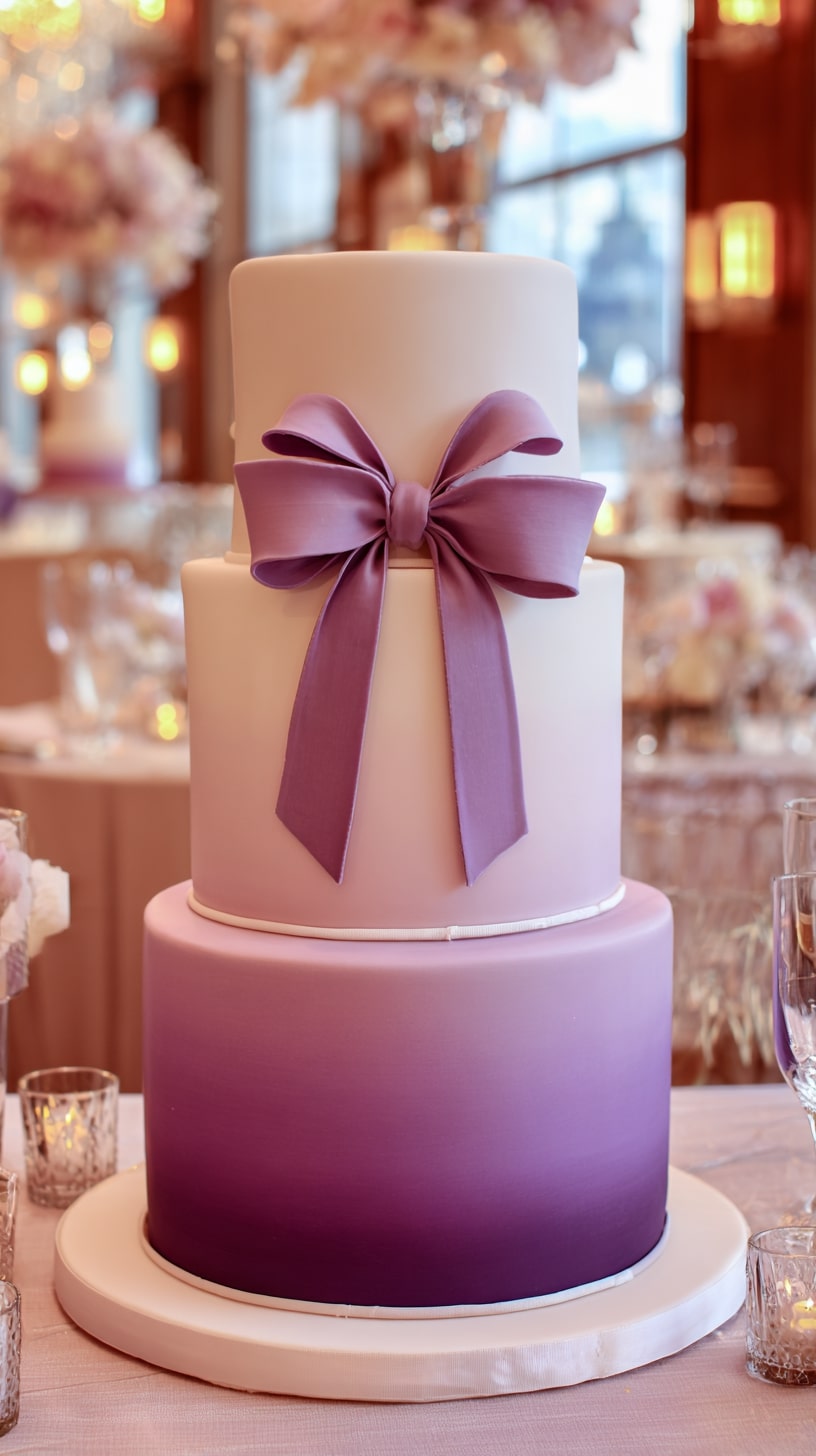 Two-tier cake with ribbon accents in varying purple tones