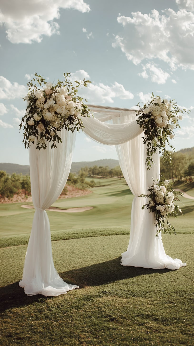 Uncluttered ceremony arch with light fabric and greenery
