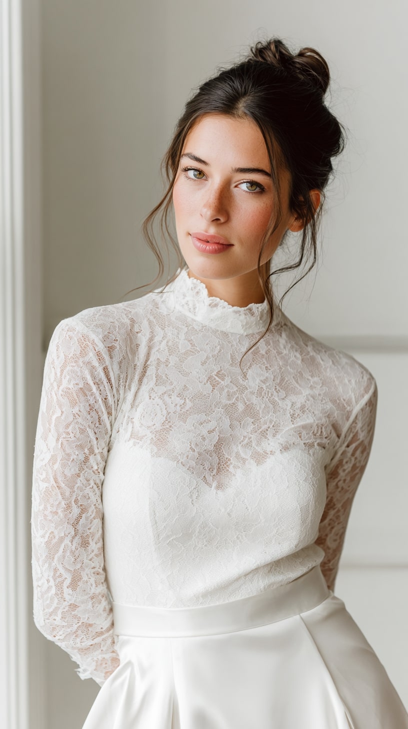 Vintage-inspired long sleeve dress with high neckline