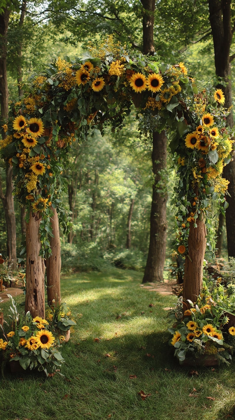Wedding arch adorned with cascading sunflowers and eucalyptus